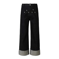 Jeans en denim brut pour homme, ourlet plié, à œillets, fabrication sur mesure OEM Guangzhou, coupe droite, pantalon basique tendance