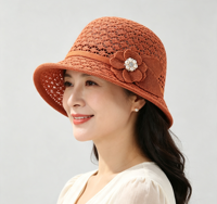 Sombrero de Verano Casual para Mujer, de Poliéster, Estilo Cloche, con Apliques Florales Elegantes, Decoración de Perlas y Diamantes de Imitación, Sombrero de Sol Tipo Bucket