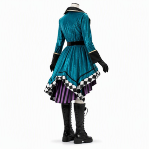 Costume de Chapeur Fou pour <span class=keywords><strong>Femme</strong></span>, Manteau en Velours Teal, Gilet à Carreaux Style Alice au Pays des Merveilles, Nœud Papillon, Jupe Rayée, Ensemble Chapeau Haut-de-forme - Product Image 3