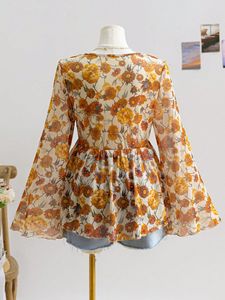Women's Floral Print Tie Front Blouse - V-Neck Sleeve Peplum <b>Top</b> Shirt Fashion - Product Image 4