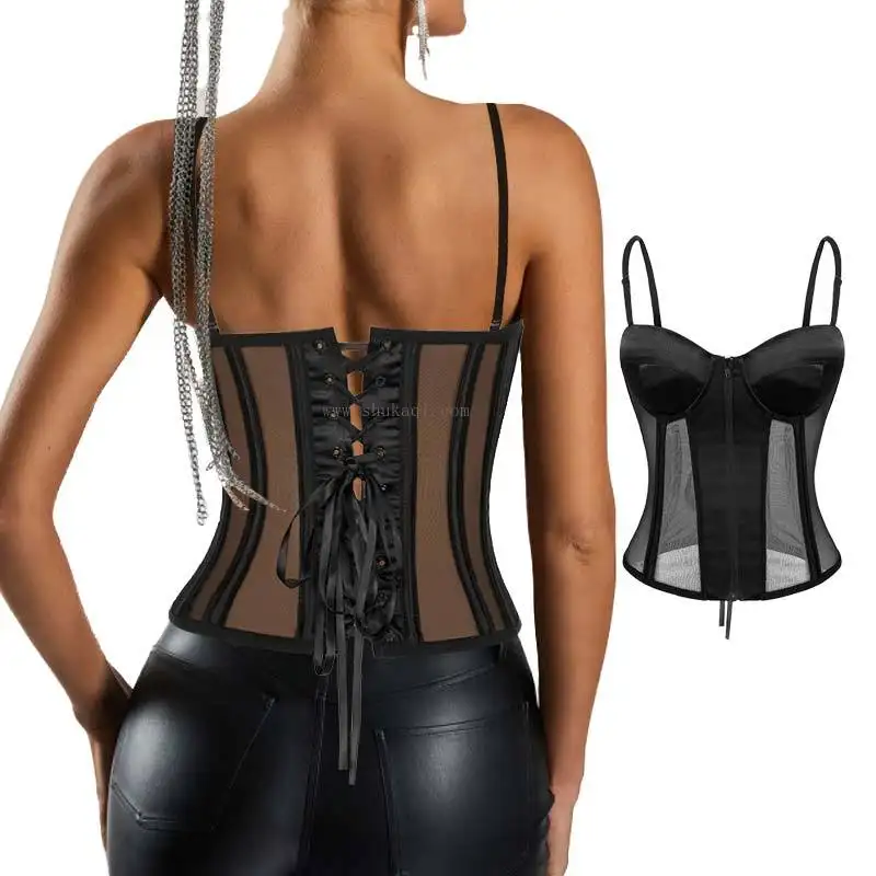 Transparente Overbust Bustier Zip Up Espartilho Amarrado Voltar Peixe Desossado Spaghetti Strap Lace Up Top Colheita Underwire cintura Cincher Espartilho