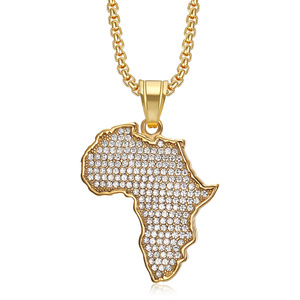 Fábrica al por mayor PVD 18K oro Metal Color Hip Hop Bling Rhinestone con acero inoxidable <span class=keywords><strong>Mapa</strong></span> de África colgante collar - Product Image 1