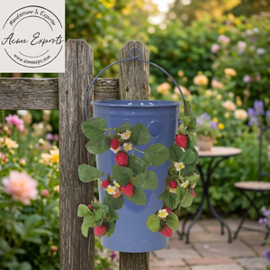 Plantador de fresas y flores de hierro galvanizado, alta calidad, hecho a mano, con acabado recubierto de polvo azul para balcón - Product Image 1