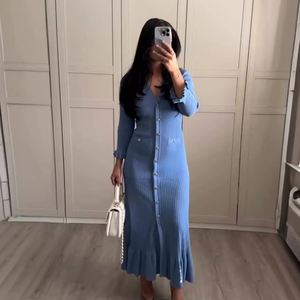 Autumn and Winter New Solid Color Round <strong>Neck</strong> Slim Long-Sleeved <strong>Jersey</strong> Package Hip <strong>Dresses</strong> for Women - Product Image 1