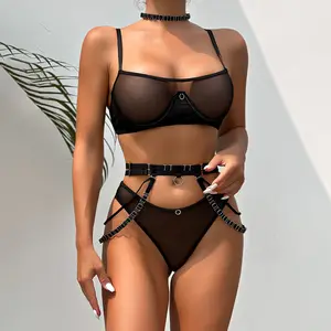 Sexy Erotic Lingerie Women Bra and Panty Garters 3pcs See Through Lingerie Sets Sexy Women's Underwear Set Sexy Costumes 1216