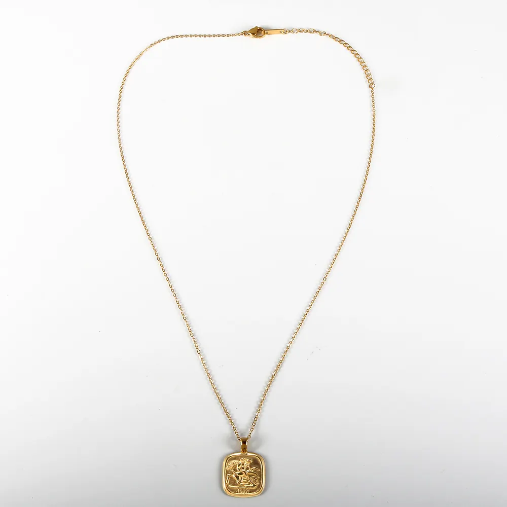 Collana di gioielli in oro di arte rinascimentale Vintage gioielli in acciaio inossidabile collana con ciondolo quadrato in oro 18 carati con cavaliere