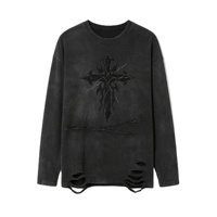 Sweat-shirt épais effet vieilli, col rond, motif croisé, style streetwear, délavé soleil, effet pulvérisé sale, lavage vintage
