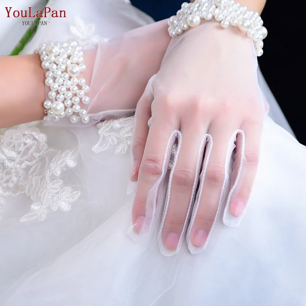 YouLaPan VM01 moda kadınlar inci kenar eldiven kısa Sheer Sheer gelin düğün aksesuarları balo parti eldiven