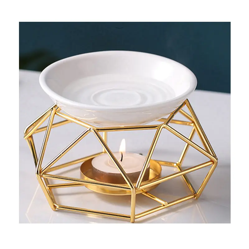 Gold Color Delicate Romantic Iron Ceramic Aroma Essential Oil Wax Melt Candle Holder Burners