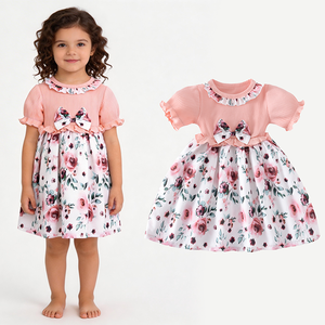 Abito Floreale per Bambine con Maniche a Sbuffo e Colletto con Fiocco e Volant, Vestito Primaverile Estivo Morbido ed Elastico per Bambini - Product Image 1