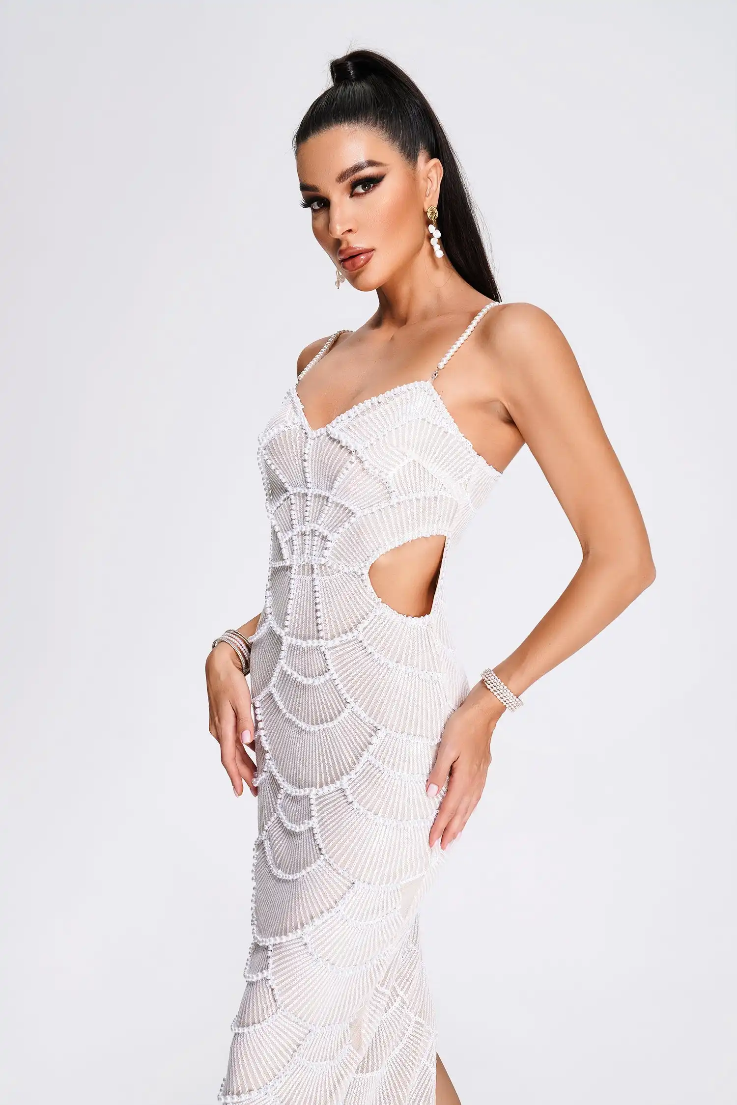 Vestido de lantejoulas para mulheres, vestido sexy elegante sem costas sem mangas branco com lantejoulas pérola midi para festa de noite