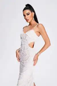 Señoras celebridad lentejuelas Vestidos Sexy elegante Bodycon espalda descubierta sin mangas blanco lentejuelas perla Midi fiesta vestido de noche mujeres