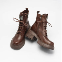Sepatu Boot Wanita Kulit Sapi Asli Hak Tebal 7.5cm Ujung Bulat Model Musim Gugur/Dingin dengan Tali