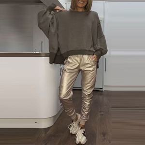 ชุด2ชิ้นกางเกงทรงหลวมลำลองคอกลมผ่าข้างสำหรับผู้หญิง - Product Image 5