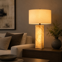 Lampe de table moderne en acier et albâtre, base rectangulaire en albâtre, abat-jour en lin, lampe de bureau pour chambre à coucher, salon, lampe de table
