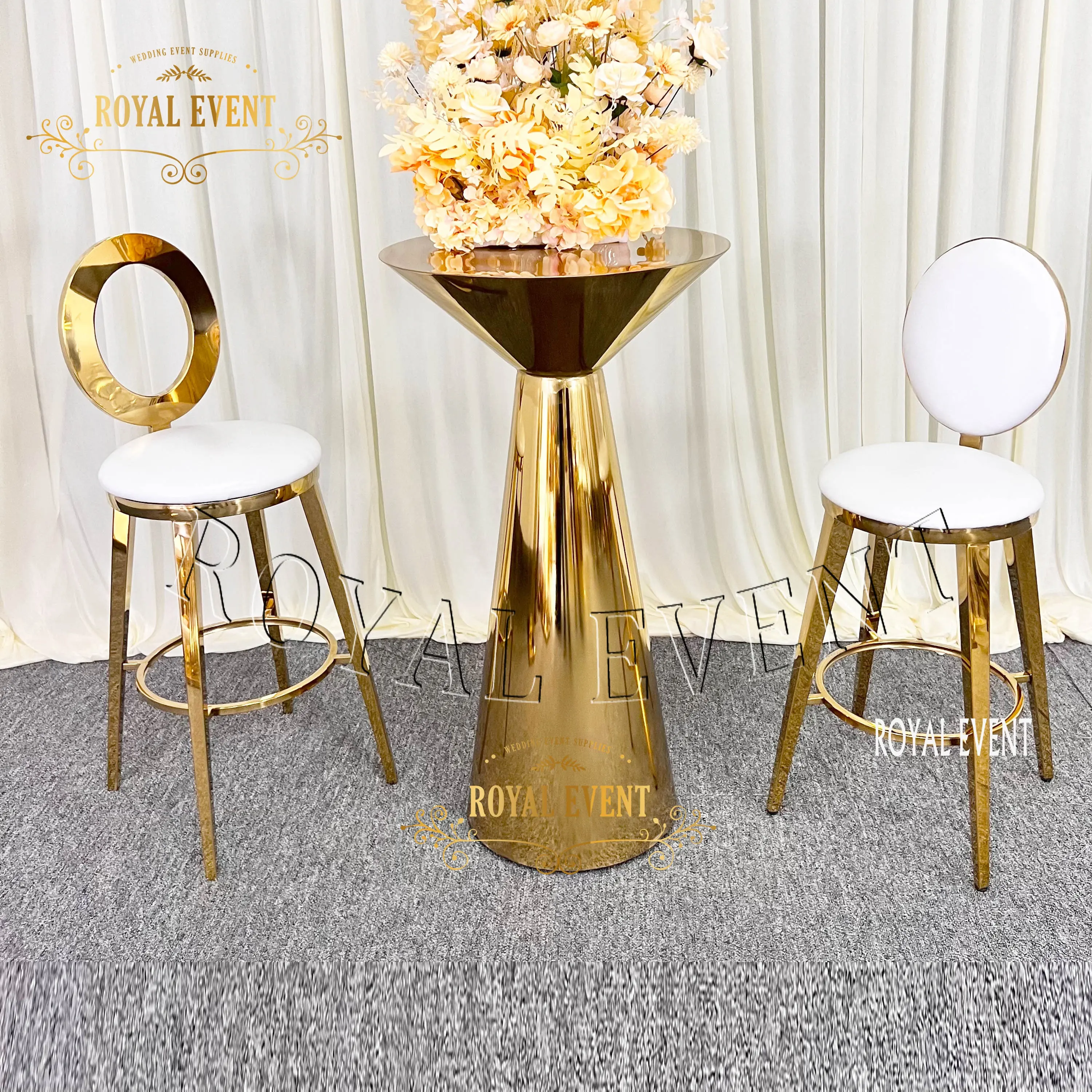 Klassischer Gold Edelstahl Hoch hocker Bar stuhl Gartenparty Cocktail Steht isch und Stühle für Hochzeits dekor