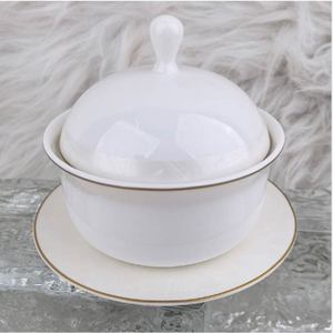 Pot à ragoût individuel en porcelaine fine avec couvercle et soucoupe assortie, bordure dorée fine, motif floral délicat, pour soupe individuelle - Product Image 1