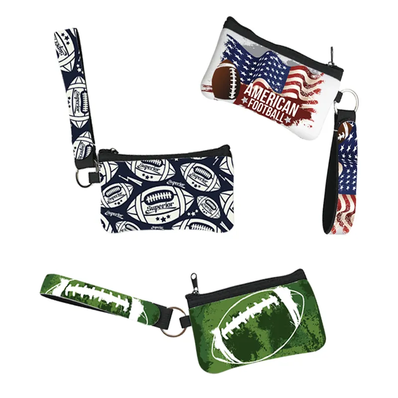 Hot Sale American Style Custom football design Card holder Waterproof neoprene wristlet pouch Coin Purse small wallet with strap