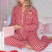 Loveda Großhandel Damen Süße Loungewear Kariertes Bedrucktes Rüschen-Langarmshirt Gerade Hose Weihnachts-Pyjama-Set