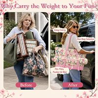 Set Tas Mahjong Mewah 4 Buah dengan Kain Oxford, Rak Ubin Mahjong Amerika, Alas Desain Bunga Pink untuk Pesta & Perjalanan