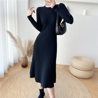 Robe d'hiver mi-longue slim pour femme FNJIA, couleur unie, style décontracté, mode européenne et américaine avec manches en tricot de coton