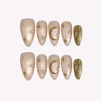 Ongles en acrylique de luxe à presser, base nude-rose champagne, étoiles dorées peintes à la main, lune dorée 3D en relief, décorations en strass