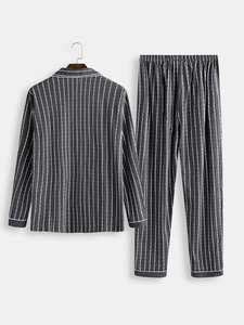 Wholesale Polyester/Cotton Blend Mens Dark Gray Striped <b>Thermal</b> Pajamas Set Comfortable Button Long Sleeve Loungewear Plus Size - Product Image 2