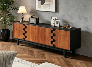 Modern Wave Cutout Wood TV <b>Stand</b>, 4-<b>Door</b> Media Console with Contrasting Finish for Living Room - Product Image 3