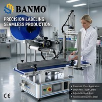 Máquina Aplicadora de Etiquetas Neumática BANMO, Sistema de Etiquetado Superior, Cinta Transportadora, Pantalla Táctil HMI, Marco de Acero Inoxidable y Aluminio