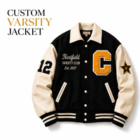 Jaket Letterman Custom Pria Hitam Krem OEM Pabrik Label Pribadi Chenille Huruf Trim Bergaris Kancing Wol Bordir