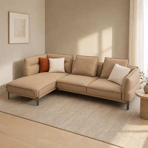 Canapé sectionnel en forme de L avec ottoman, dossier capitonné en tissu, pieds métalliques inclinés, moderne, pour salon, hôtel, villa - Product Image 2