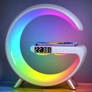 Smart Alarm Clock APP Control Home Decor G Shape Speaker Desk Lamp Wireless Charging Cordless Bedside RGB Atmosphere Table Light