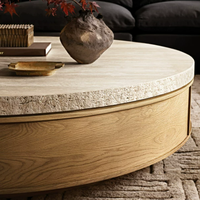 Table basse de style Wabi-sabi américain, plateau rond en travertin, base en bois massif, taille personnalisée, pour la maison, l'appartement, le salon
