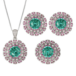 Joyería de Moda Ecológica, Chapada en Plata sobre Cobre, con Circonita Verde de 14-10mm, Collar y Aretes con Diseño de Flor, Juego de 3 Piezas con Anillo para Boda o Fiesta - Product Image 1