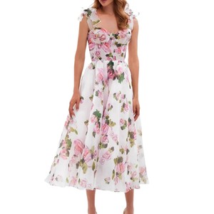 Vestido de noche de organza con estampado floral y hombros descubiertos, cintura imperio, largo y elegante para mujer, azul y rosa - Product Image 5