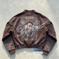 Veste Streetwear OEM personnalisée, grande taille, en tissu épais, délavée à l'acide, effet usé, décolorée par le soleil, avec strass, motif Vierge Marie