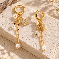 Boucles d'oreilles pendantes en acier inoxydable plaqué or 18 carats avec étoile, zircon et fleur pour femme