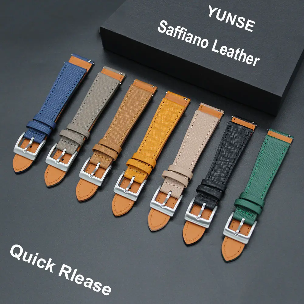 YUNSE New Tapered Saffiano Wrist Watchband 18 20 22 mm Top Quality Full Grain Genuine Leather Watch Straps With Quick Release