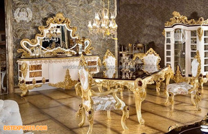 Muebles de Comedor de Diseño de Lujo en Blanco Pulido, Elegante Juego de Mesa de Comedor con Tallado Plateado, Muebles de Comedor Reales de Madera Blanca - Product Image 4