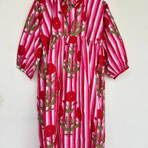 Women's Striped Hand Block Print 100% Cotton <b>Summer</b> Floor-Length <b>Kaftan</b> Eco-Friendly Lightweight Breathable V-neck Embroidery - Product Image 5