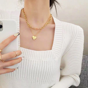 Niche Design Femme À La Mode Titane Acier Double Couche Clavicule Ins Choker À La Mode Perle Froide En Acier Inoxydable Coeur - Product Image 1