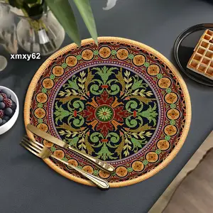 定制民族风格几何防滑餐具桌垫波西米亚亚麻橡胶背圆形餐垫