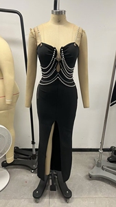 ชุดราตรีผ้าซาตินคริสตัลทรงตรงสำหรับผู้หญิงจาก MF Fashion สายไขว้ประดับมุก ผ่าสูง ยาวกรอมพื้น เหมาะสำหรับงานปาร์ตี้หรืองานพรอม - Product Image 4