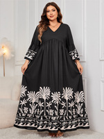 Nouvelle Arrivée Transfrontalière Robe Longue Ample Grande Taille à Manches Cloche Coupe Trapèze Style Européen Américain Élégante Décontractée Col en V Imprimé Floral