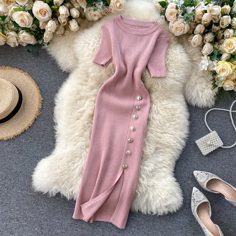 Muda Seksi Bodycon Gaun Wanita Tombol Rajutan Retro Korea Vestidos Musim Panas Pinggang Tinggi Gaun Fashion Baru Tas Hip Gaun