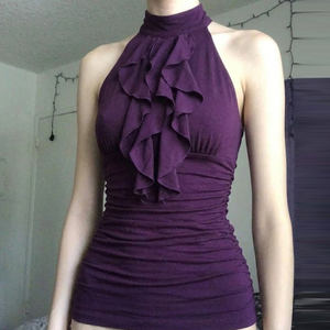 Purple Crew Neck Ruched Ruffle Ribbons Knitted Spandex/Polyester Sleeveless Sexy Backless Club Women's Tank <b>Top</b> - Product Image 1