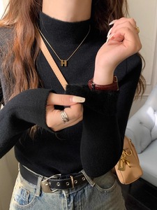 Áo len nữ màu hồng mùa đông 2023, dày dặn, lót lông cừu, chất liệu dệt kim, cổ giả cao, giữ ấm cho mùa thu đông - Product Image 3