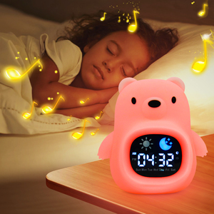 Jam Alarm Digital anak-anak, lampu dekorasi samping tempat tidur silikon, Jam Alarm belajar bangun dengan lampu malam dan Speaker suara