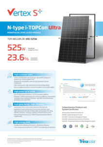 Panneaux solaires Trina Tier 1 495W 500W 505W 510W 515W 520W 525W Vertex S+ TOPCon Mono Bifacial Single Glass TSM-NEG18R.28 Modules PV - Product Image 2