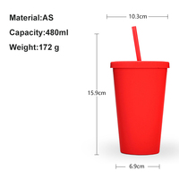 Gobelet réutilisable en plastique à double paroi de 16 oz, coloré, pour boissons froides, gobelet à café avec couvercle et paille
